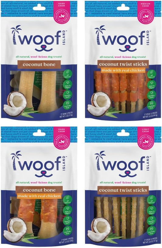 Coconut Dog Chews Variety 4 Pack - Premium, All Natural Coconut Dog Treats - Healthy Puppy Treats & Vitamin Rich Rawhide Free Dog Chews