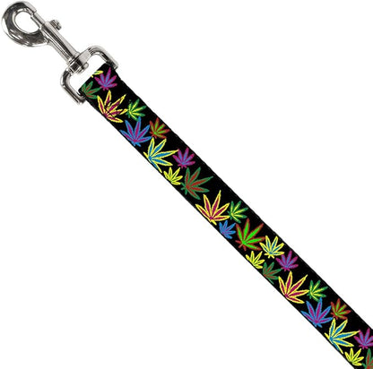 Dog Leash - 6-FEET - Multi Marijuana Leaves Black Multi Color