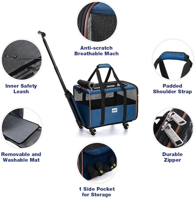 Lekesky Dog Cat Carrier with Wheels, Airline Approved Pet Carrier for Cats Dogs15lbs with Telescopic Handle, Blue