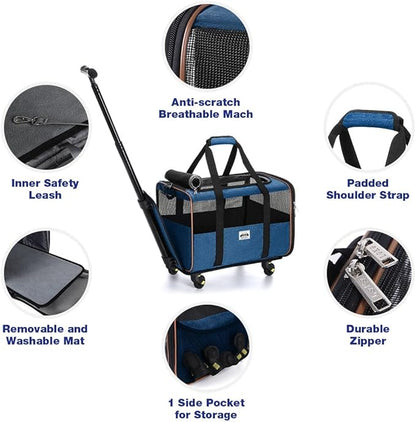 Lekesky Dog Cat Carrier with Wheels, Airline Approved Pet Carrier for Cats Dogs15lbs with Telescopic Handle, Blue