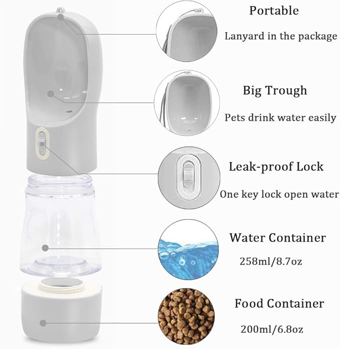 Dog Water Bottle for Walking, Multifunctional and Portable Dog Travel Water Dispenser with Food Container,Detachable Design Combo Cup for Drinking and Eating,Suitable for Cats and Puppy