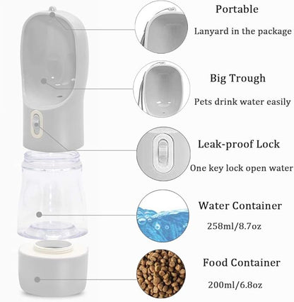 Dog Water Bottle for Walking, Multifunctional and Portable Dog Travel Water Dispenser with Food Container,Detachable Design Combo Cup for Drinking and Eating,Suitable for Cats and Puppy