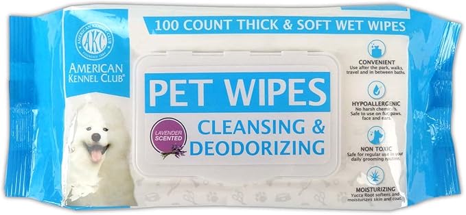 American Kennel Club AKC Dog Wipes for Cleansing & Deodorizing great for Face, Ears, Paws, Body, & Butt - Lavender Scented - 100pk