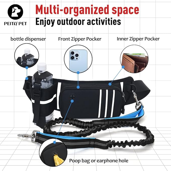 Hands Free Dog Leash Waist Leash for Dog Walking Bungee Leash Dog Running Belt for 【Medium & Large Dogs, 20-70 lbs】 Fanny Pack for Walker Hiking Jogging…