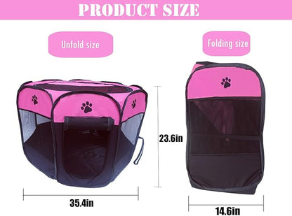Portable Pet Playpen for Small Cat Dog Puppy Rabbit,Cat Kitten Playpen Indoor Outdoor with Carrying Case,Waterproof Bottom and Removable Zipper Top (M(35.4" x35.4" x23.6"), Rose)