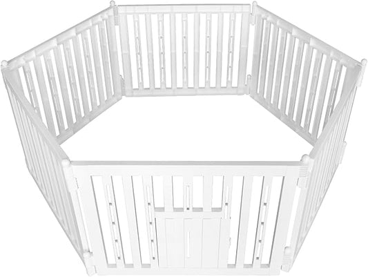 RIZZARI Foldable Plastic Dog Playpen, 6 Panels Pet Fence with Doors for Small Cats and Dogs, Portable Pet Barrier for Indoor and Outdoor, Easy to Assemble (Six panels with door)