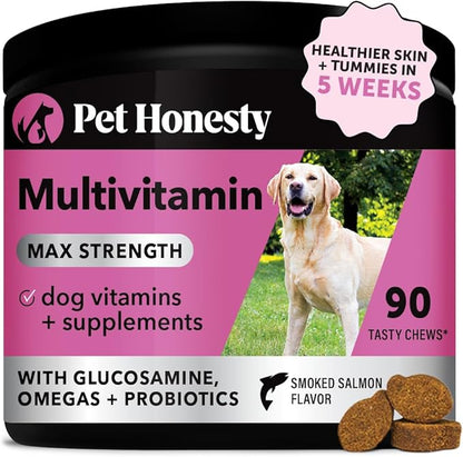 Pet Honesty Dog Multivitamin Max Strength - 15 in 1 Dog Vitamins for Health & Heart - Dog Essentials Fish Oil, Glucosamine, Probiotics, Omega Fish Oil - Dog Vitamins and Supplements for Skin and Coat