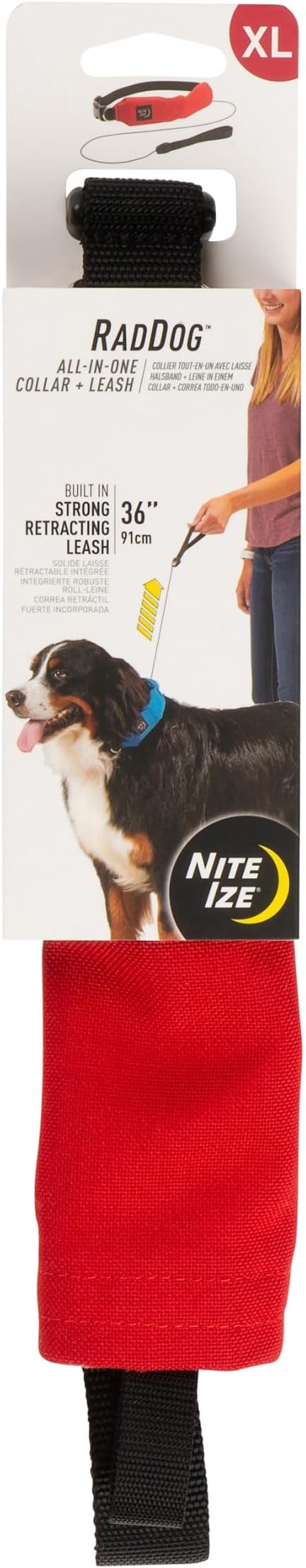 Nite Ize Raddog All-in-One Collar and Leash Combo - Heavy-Duty Dog Collar with Built-in Retractable Leash - 20" to 25" Collar - Red, X-Large