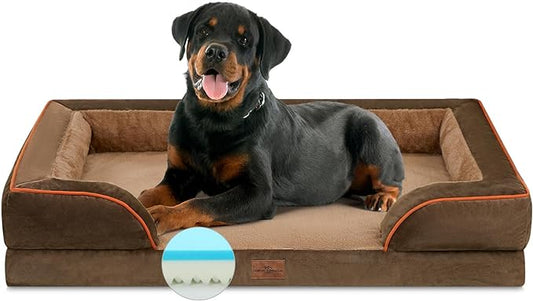 Cooling Dog Bed Memory Foam, Jumbo Dog Bed for Extra Large Dogs, Orthopedic Jumbo Breed Dog Bed, Waterproof Dog Bed with Bolster & Removable Cover(Jumbo,Khaki Brown)