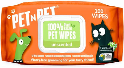 PET N PET 100% Plant Based Dog Wipes for Paws and Butt, 100 Counts Dog Pet Wipes, 8" x 8" Hypoallergenic Unscented Dog Wipes, Cleaning Deodorizing Cat Wipes, Puppy Wipes, Dog Paw Wipes, Dog Face Wipes
