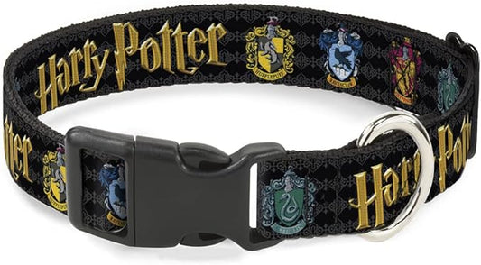 Dog Collar Plastic Clip Harry Potter Hufflepuff Ravenclaw Gryffindor Slytherin Black 7 to 8.5 Inches 0.5 Inch Wide