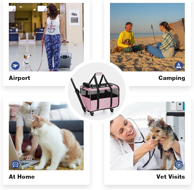Lekesky Wheeled Pet Carrier Airline Approved, Small Dog Carrier for Puppy and Kitten 15 Lbs, Pet Carrier for Cat, Soft Cat Carrier with Wheels, Collapsible Cat Carrier Bag, Pink