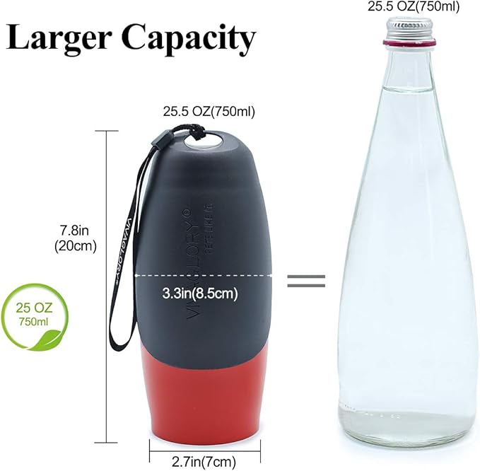 VIVAGLORY Dog Water Bottle, Pet Drinking Bottle, 25oz Portable & Leakproof Stainless Steel Dog Travel Water Bottle Bowl with Large Trough for Walking & Hiking, Red
