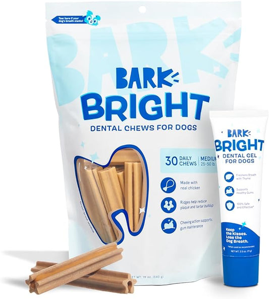 Bark Bright Original Dental Kit - Dog Tooth Brushing Treatment with Teeth Cleaning Chew Sticks & Toothpaste - Plaque & Tartar Remover for Cleaner Teeth & Fresh Breath - Medium Breeds - 30 Chews