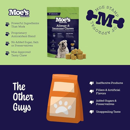 Moe’s Allergy and Immune Support for Dogs- Supports Anti-Itch, Seasonal Allergies- Omega 3 Wild Alaskan Salmon Fish Oil- Dog Allergy Treatment, Skin Health- Made in USA- 90 Chews (Peanut Butter)