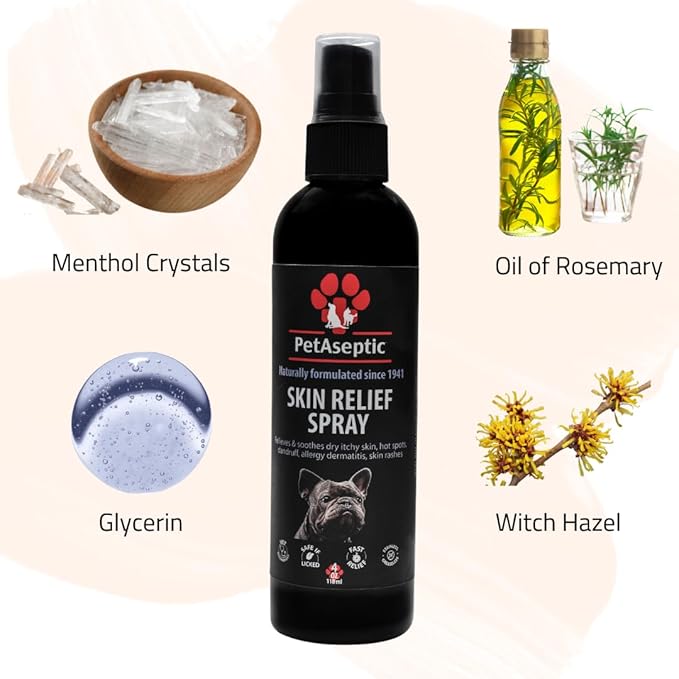 Skin Relief Spray for Dogs | Relieves Dry Itchy Skin, Hot Spots, Dandruff, Allergy Dermatitis, & Skin Rashes | Clear, Stainless, & Greaseless | Provides Fast, Temporary Relief | 4oz Spray