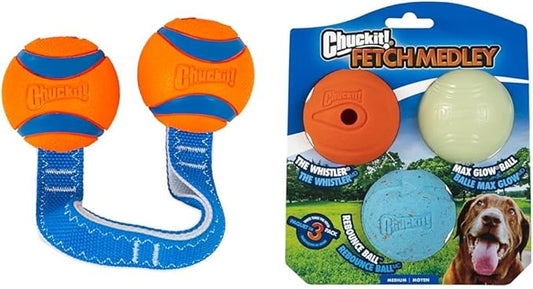 Chuckit Ultra Duo Tug Dog Toy, Medium Indoor and Outdoor Dog Ball for Dogs 20-60 Pounds & Chuckit Fetch Medley Dog Ball Dog Toys, Medium (2.5 Inch) Pack of 3, for Medium Breeds, Includes