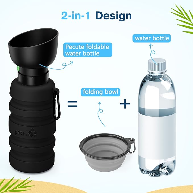 Pecute Dog Water Bottle Portable, 29oz Dog Foldable Water Bottle with Folding Bowl, Carabiner Clip, 5 Levels Capacity, 100% Food Grade Silicone, Dog Water Bottle for Outdoor Walking, Travel (Black)