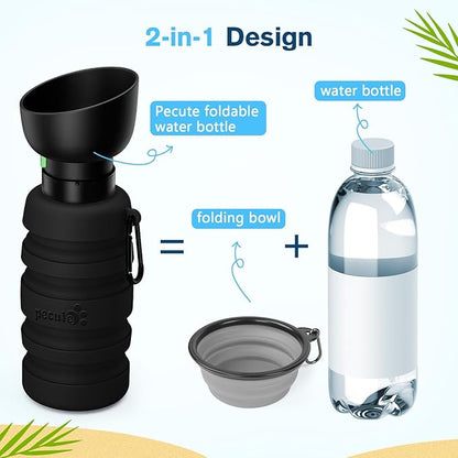 Pecute Dog Water Bottle Portable, 29oz Dog Foldable Water Bottle with Folding Bowl, Carabiner Clip, 5 Levels Capacity, 100% Food Grade Silicone, Dog Water Bottle for Outdoor Walking, Travel (Black)