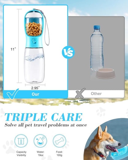 Dog Water Bottle, 2 in 1, Leak Proof Portable Pet Water Bottle with Food Container, Outdoor Portable Water Dispenser for Dog, Puppy Supply for Walking, Hiking, Camping, Travel (19oz Blue)