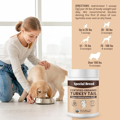 Turkey Tail Mushroom for Dogs and Cats - Certified Organic Turkey Tail Powder, Canine Immune Support, 200 Grams
