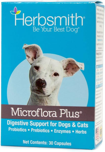 Herbsmith Microflora Plus – Dog Digestion Aid –Probiotics and Digestive Enzymes for Dogs – Prebiotic for Dogs – 30ct Capsules