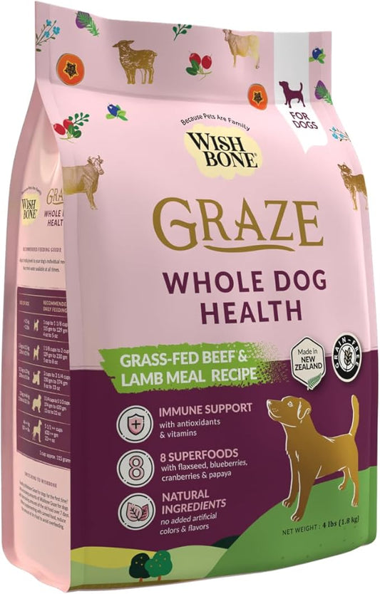 Wishbone Graze New Zealand Beef and Lamb Dry Dog Food, Gluten-Free, Grain-Free Formula for Overall Pet Health - 4 lb