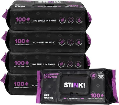 Stink! Plant Based Pet Wipes - Biodegradable - Dirt and Odor Control - Grooming Wipes for Easy Cleaning on Paws Body and Bum - Lavender Scented - 8" x 8" - 400 Count