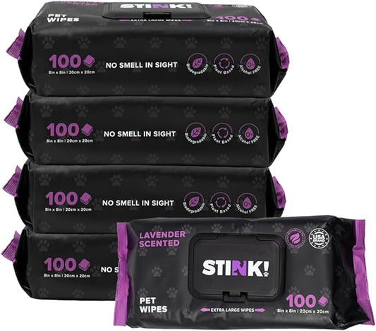 Stink! Plant Based Pet Wipes - Biodegradable - Dirt and Odor Control - Grooming Wipes for Easy Cleaning on Paws Body and Bum - Lavender Scented - 8" x 8" - 400 Count