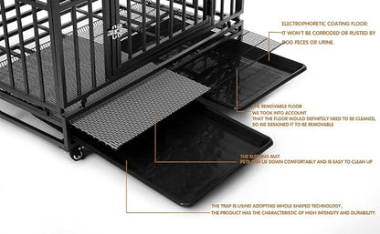42 inch Heavy Duty Extra Large Indestructible Dog Crate Kennel Indoor with Separation Anxiety Lockable Wheels and Removable Tray