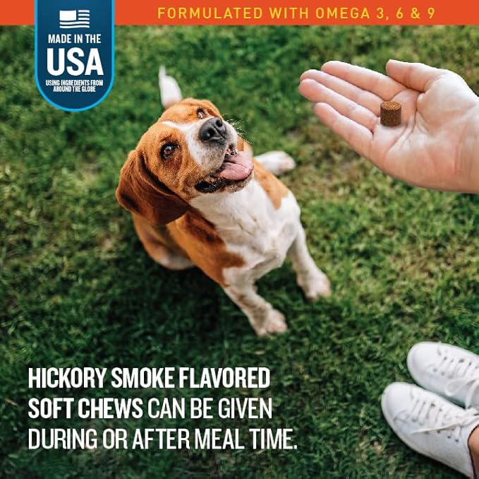 VetIQ Skin and Coat Supplement for Dogs, Helps Maintain Healthy Skin and Shiny Coat, Hickory Smoke Flavor Dog Chew, Made in The USA, 60 Count