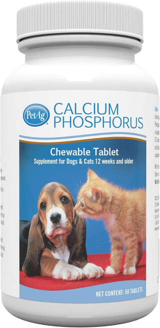Pet-Ag Calcium Phosphorus Tablets - 50 Tablets - Daily-Use, Chewable Supplement for Dogs & Cats 12 Weeks and Older - Fortified with Vitamin D