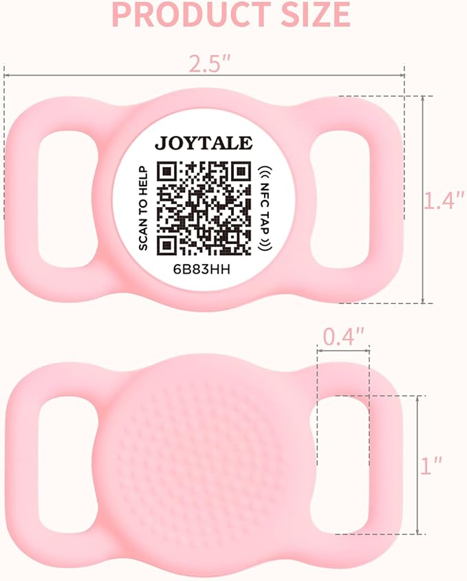 Joytale [ NO APP Required ] Silent Silicone QR Code Dog Tag, Slide On Dog Tags for 1 Inch Wide Collars or Vest, NFC Pet Online Profile, Scan QR to Send Location Alert Email, Pink, M