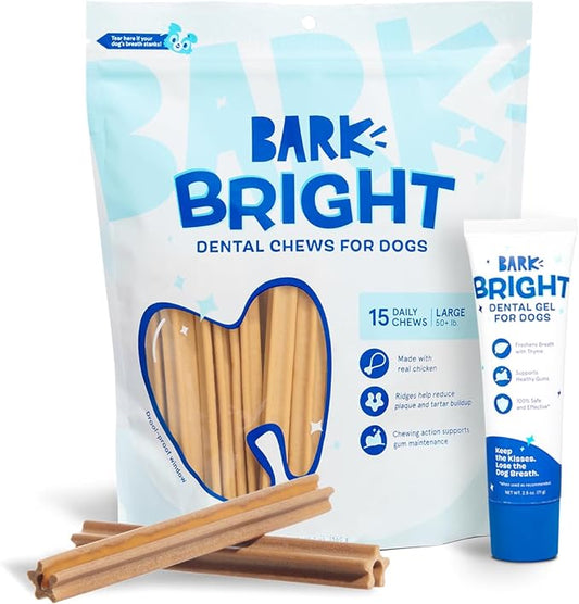 Bark Bright Original Dental Kit - Dog Tooth Brushing Treatment with Teeth Cleaning Chew Sticks & Toothpaste - Plaque & Tartar Remover for Cleaner Teeth & Fresh Breath - Large Breeds - (2 x 15 Chews)