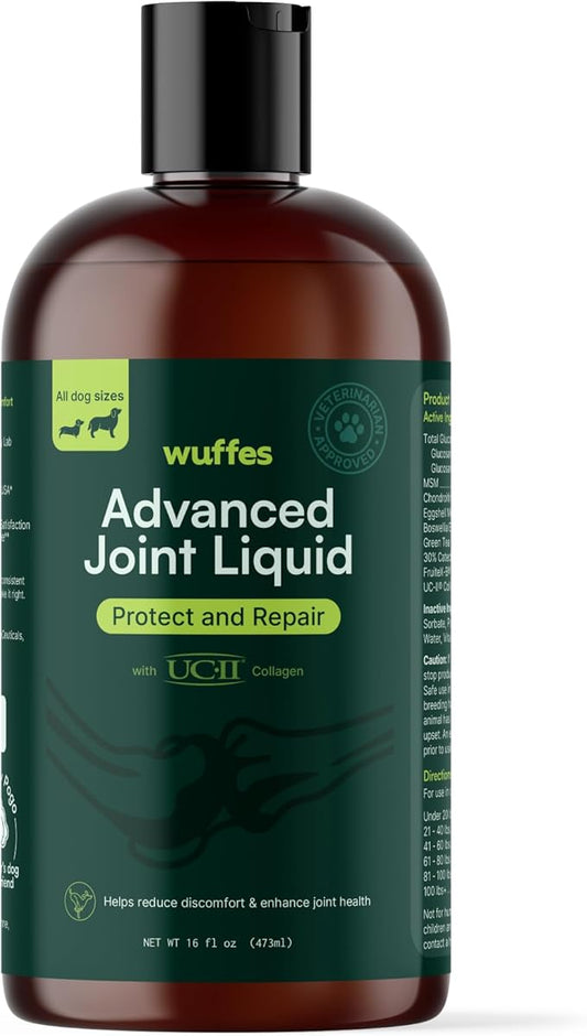 Wuffes Advanced Joint Liquid for Dogs - Hip & Joint Support Supplement with Glucosamine, Chondroitin, UC-II® Collagen, and MSM, for Small & Large Breeds - 16 Oz