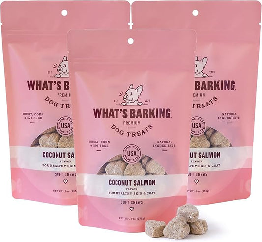 What's Barking Coconut Salmon Soft Chews - Premium Chewy Dog Treats, Omega 3, Natural Ingredients, No Wheat, Made in USA - 9 oz (Pack of 3)