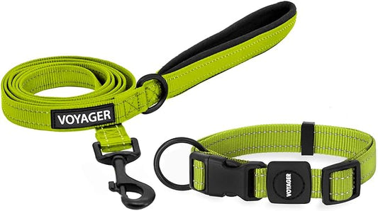 Voyager Reflective Dog Leash Collar Set with Neoprene Handle Supports Small, Medium, and Large Breed Puppies, Cute and Heavy Duty for Walking, Running, and Training - Lime Green, M