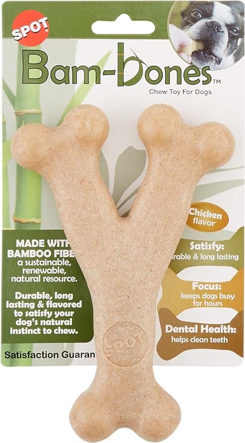SPOT Bam-Bones Wishbone - Made with Strong Bamboo Fiber, Durable Long Lasting Dog Chew for Light to Moderate Chewers, Great Toy for Adult Dogs & Teething Puppies under 50lbs, 7in, Chicken Flavor