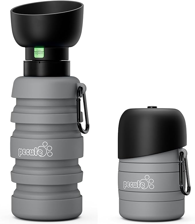 Pecute Dog Water Bottle Portable, 29oz Dog Foldable Water Bottle with Folding Bowl, Carabiner Clip, 5 Levels Capacity, 100% Food Grade Silicone, Dog Water Bottle for Outdoor Walking, Travel(Grey)