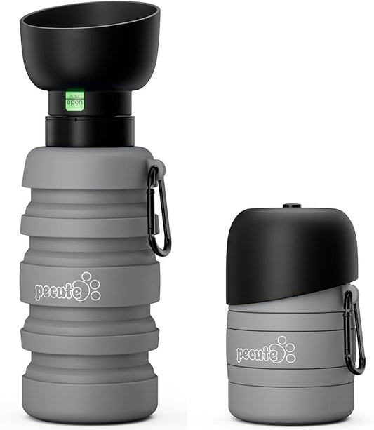 Pecute Dog Water Bottle Portable, 29oz Dog Foldable Water Bottle with Folding Bowl, Carabiner Clip, 5 Levels Capacity, 100% Food Grade Silicone, Dog Water Bottle for Outdoor Walking, Travel(Grey)