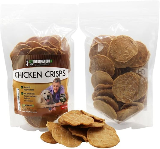 Premium Chicken Crisp Chips for Dogs Small, Medium and Large | 8oz Bag | No Artificial Preservatives, Colors or Flavors | Natural Treats - Dehydrated Chicken Jerky - Made in USA