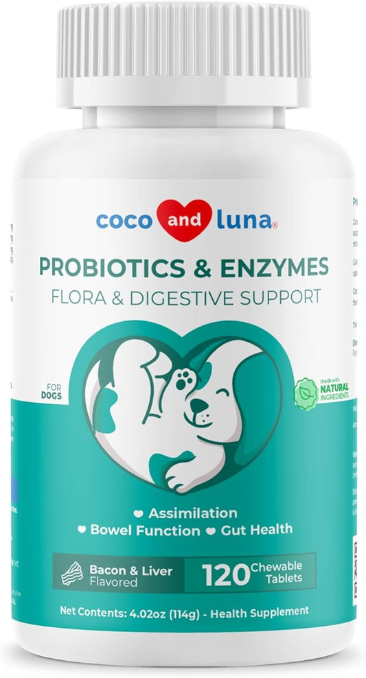 Probiotics for Dogs - 120 Chewable Tablets - Diarrhea & Gas Support for Dogs - 5.5 Billion CFUs with Digestive Enzymes and Prebiotics - Dog Allergies, Bad Dog Breath & Constipation Support