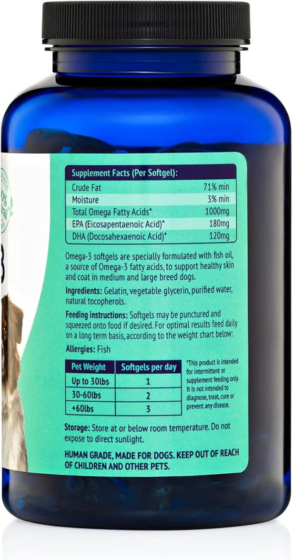 Pure Omega 3 Fish Oil for Dogs, Wild Caught from Iceland, Skin and Coat Supplement for Shedding, Dry Itchy Skin and Allergies, Rich in EPA + DHA with Omega 3, 6 & 9 Fatty Acids, 1000mg, 180 Capsules