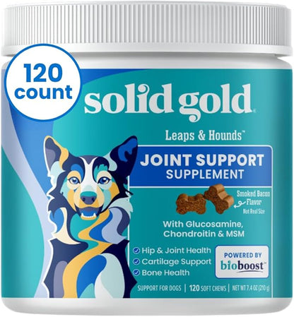 Solid Gold Glucosamine for Dogs Hip and Joint Supplement - Glucosamine Chondroitin MSM for Dog Pain Relief - Leaps & Hounds Chews for Dog Arthritis Pain Relief & Overall Mobility - 120 Soft Chews