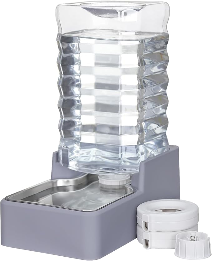 Sfozstra 9L Upgraded Dog Water Bowl Dispenser, Stainless Steel Bowl, Automatic Gravity Cat Water Dispenser, BPA-Free, Large Capacity Water Dispenser with Two Caps and Filters (Light Gray,9L+)