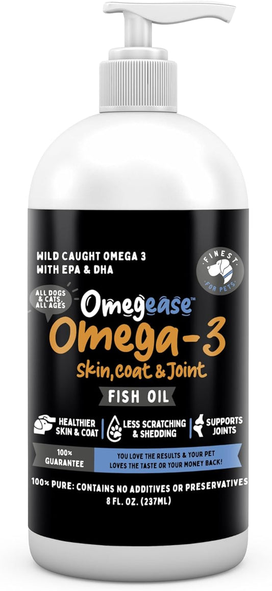 Omegease 100% Pure Omega 3 Fish Oil for Dogs & Cats 8 oz - Skin & Coat Supplement, Less Scratching & Shedding, Supports Joint Function, Immune, Brain & Heart Health. Natural EPA + DHA Fatty Acids