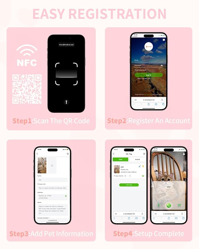Joytale [ NO APP Required ] Silent Silicone QR Code Dog Tag, Slide On Dog Tags for 1.2-1.6Inch Wide Collars or Vest, NFC Pet Online Profile, Scan QR to Send Location Alert Email, Pink, L