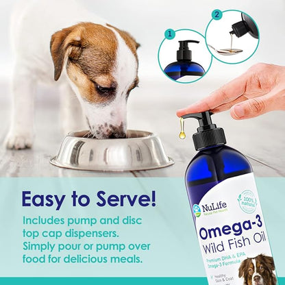 Liquid Fish Oil for Dogs with Omega 3, 6 & 9 Fatty Acids, Wild Caught from Iceland, Skin and Coat Supplement for Shedding, Itchy Skin, Allergies, Brain and Heart Health, Rich in EPA + DHA - 16 oz