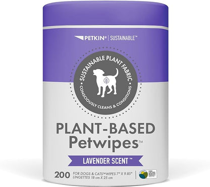 Petkin Plant-Based PetWipes, 200 Wipes - Biobased, Sustainable, Big & Thick Pet Wipes for Dogs & Cats - for Face, Paws, Ears, Body & Eye Area - Consciously Cleans & Conditions - Lavender