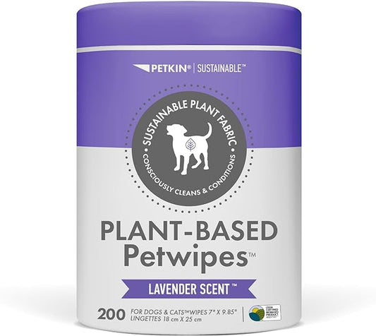 Petkin Plant-Based PetWipes, 200 Wipes - Biobased, Sustainable, Big & Thick Pet Wipes for Dogs & Cats - for Face, Paws, Ears, Body & Eye Area - Consciously Cleans & Conditions - Lavender